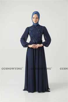 Dolg Rokav Hidžab Večerne Obleke Šifon Appliques Islamske Prom Oblačenja Žensk, Formalno Stranko Obleke Arabski Dubaj Haljo De Soiree