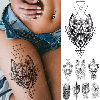 Nepremočljiva Začasni Tattoo Nalepke Skladu Geometrijo Fox Panda Volk Tetovaže Jelena Cvetje Body Art Roko Ponaredek Rokav Tattoo Ženske Moški