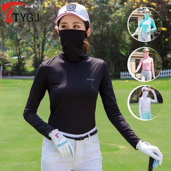 TTYGJ Golf Majice za Ženske, Hlajenje, T-Majice Ženske zaščito pred soncem Ledu Svile Vrhovi Dolg Rokav Golf Obrabe z Masko Dihanje spodnje Perilo
